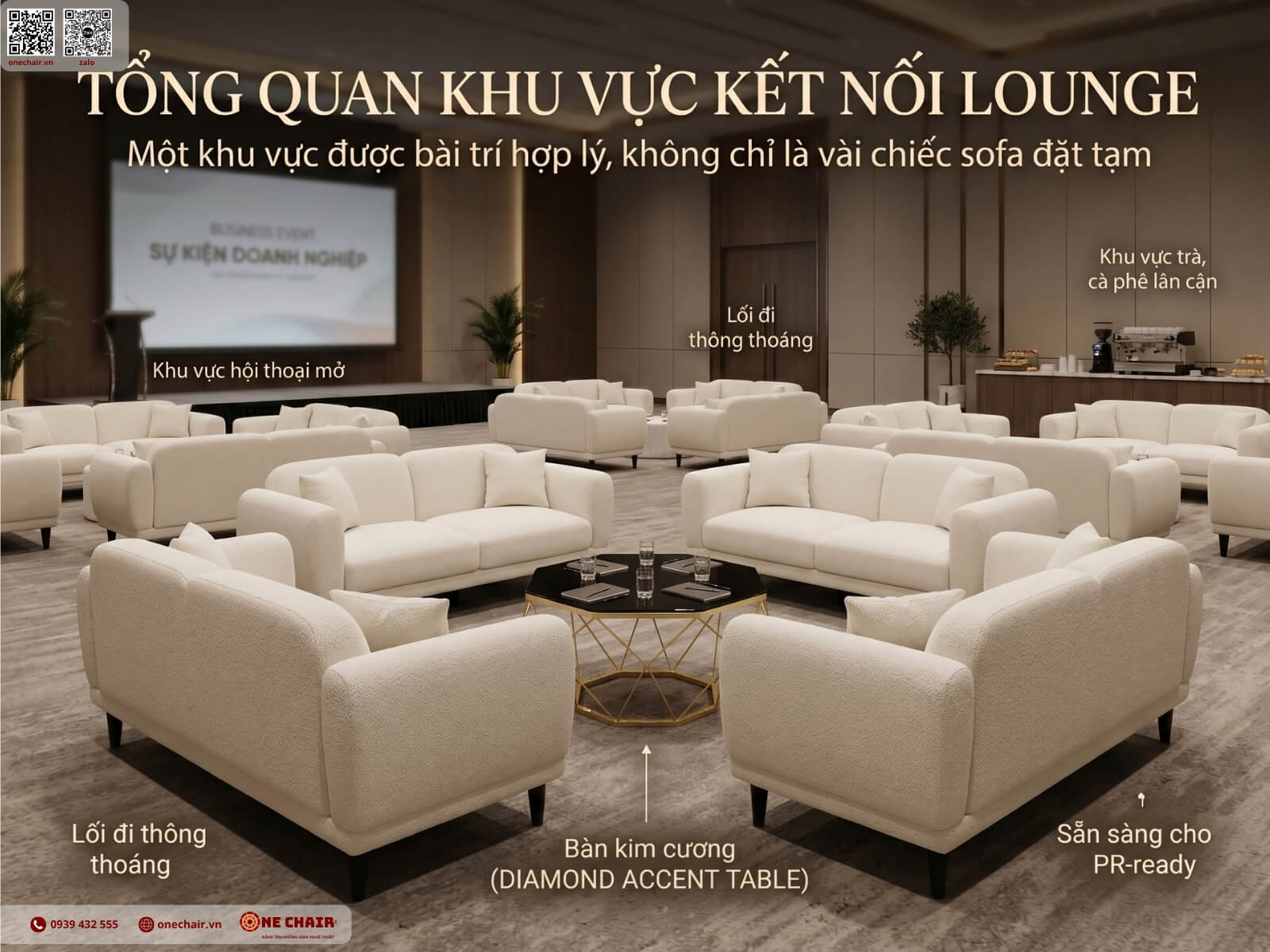 Bench Sofa và Round Don ivory tại góc networking mở của một hội nghị