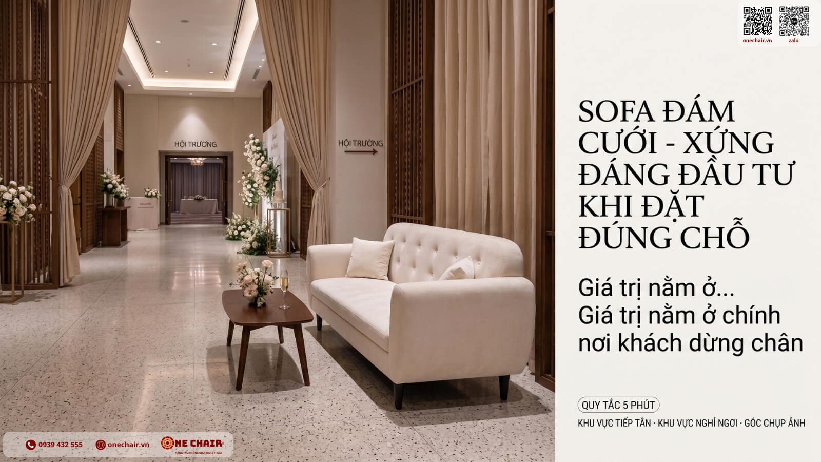 Khu nghỉ với sofa trong tiệc cưới cao cấp do ONE CHAIR setup tại venue TP.HCM