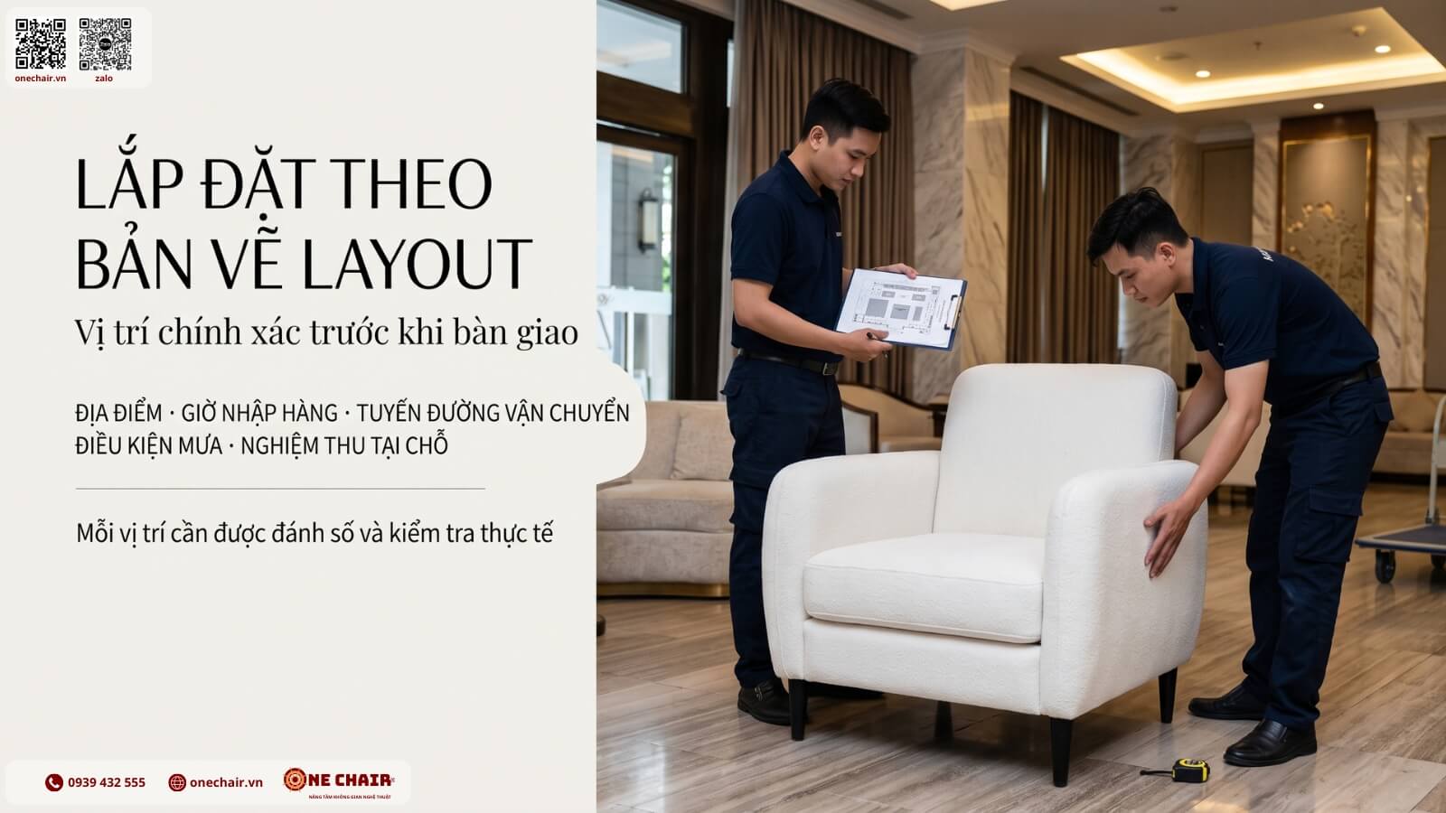 Đội setup ONE CHAIR lắp đặt sofa theo layout tại venue tiệc cưới TP.HCM
