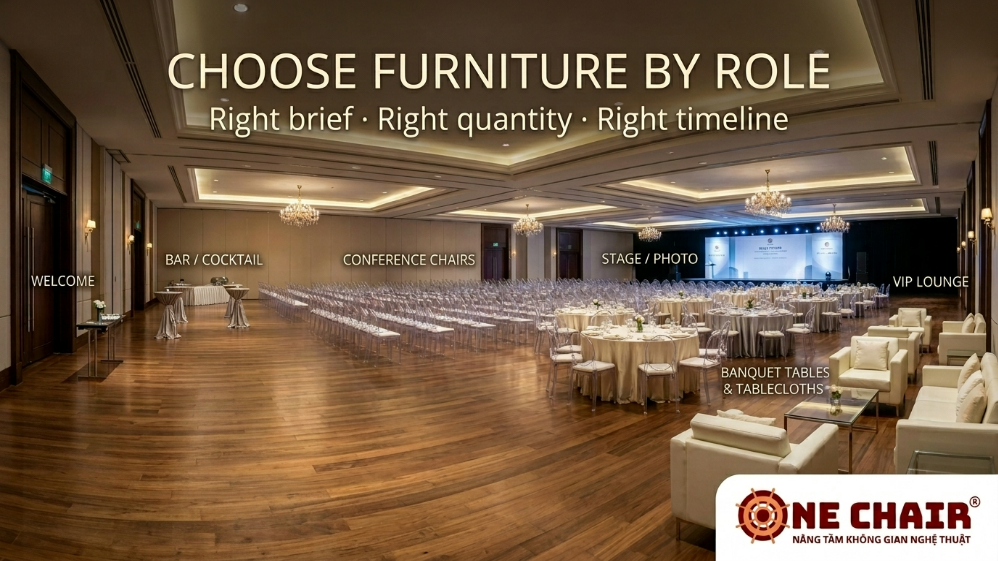 Sơ đồ sự kiện ở TP.HCM chia theo sáu vai trò không gian: welcome, ghế hội nghị, sân khấu, bàn tiệc, lounge và bar cocktail