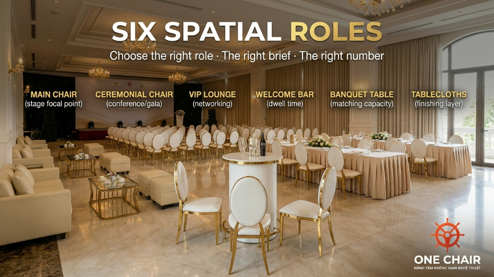  Sáu vai trò nội thất sự kiện ở TP.HCM: ghế chủ đạo, ghế nghi lễ, lounge, bar welcome, bàn tiệc và khăn bàn