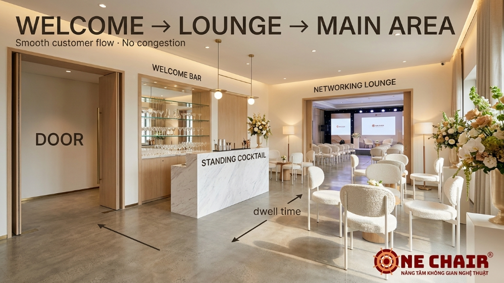 Sơ đồ dòng khách từ cửa qua bar welcome tới lounge networking rồi vào khu chính của sự kiện ở TP.HCM