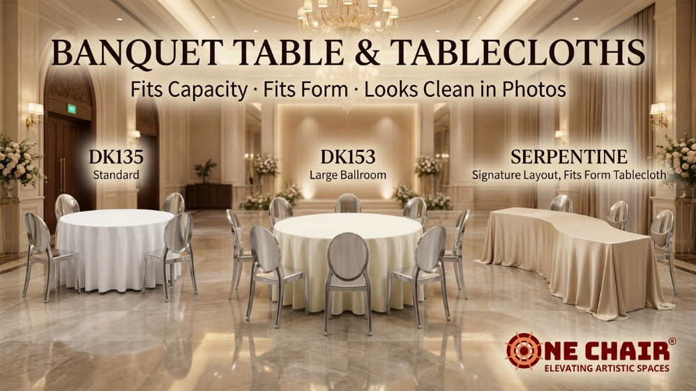 Ba kiểu bàn tiệc cho thuê ở TP.HCM: bàn tròn ĐK135 tiêu chuẩn, ĐK153 ballroom và layout serpentine cong