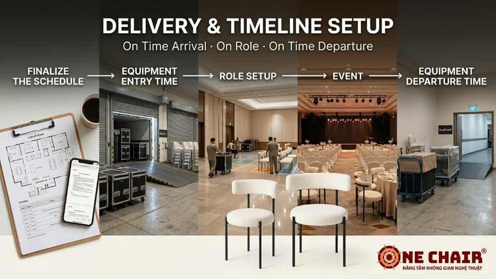 Quy trình giao nhận và lắp đặt nội thất sự kiện ở TP.HCM theo timeline từ chốt sơ đồ tới giờ ra thiết bị