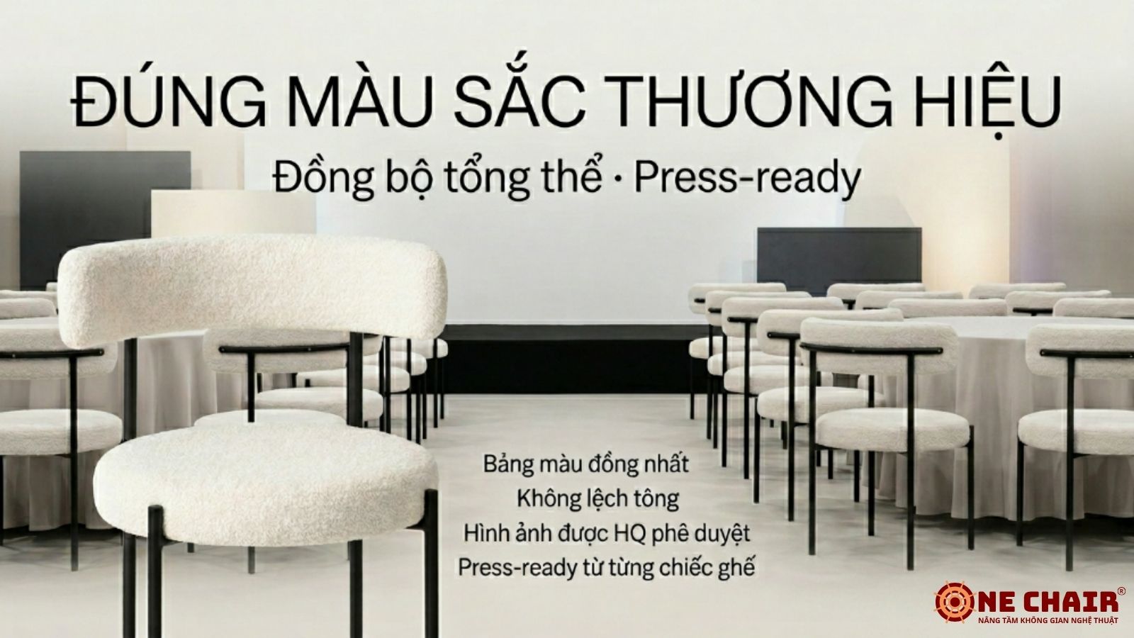Ghế sự kiện tuỳ chỉnh đúng màu thương hiệu, đồng bộ toàn cảnh, sẵn sàng cho báo chí