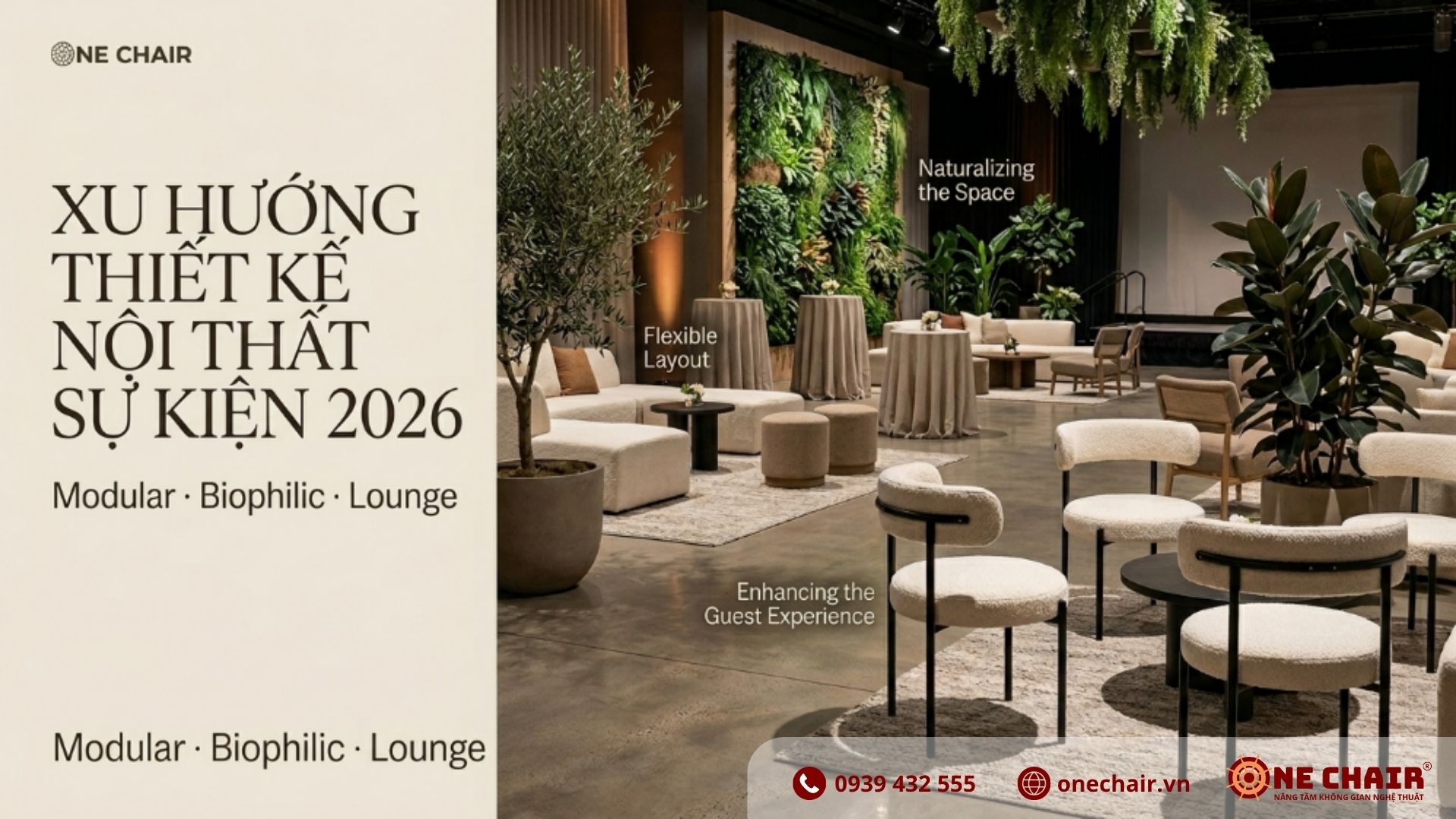 Không gian sự kiện doanh nghiệp cao cấp 2026 với Armchair Đơn VIP, Ghế Boucle và Sofa Lounge Đôi — ba xu hướng nội thất do ONE CHAIR cung cấp