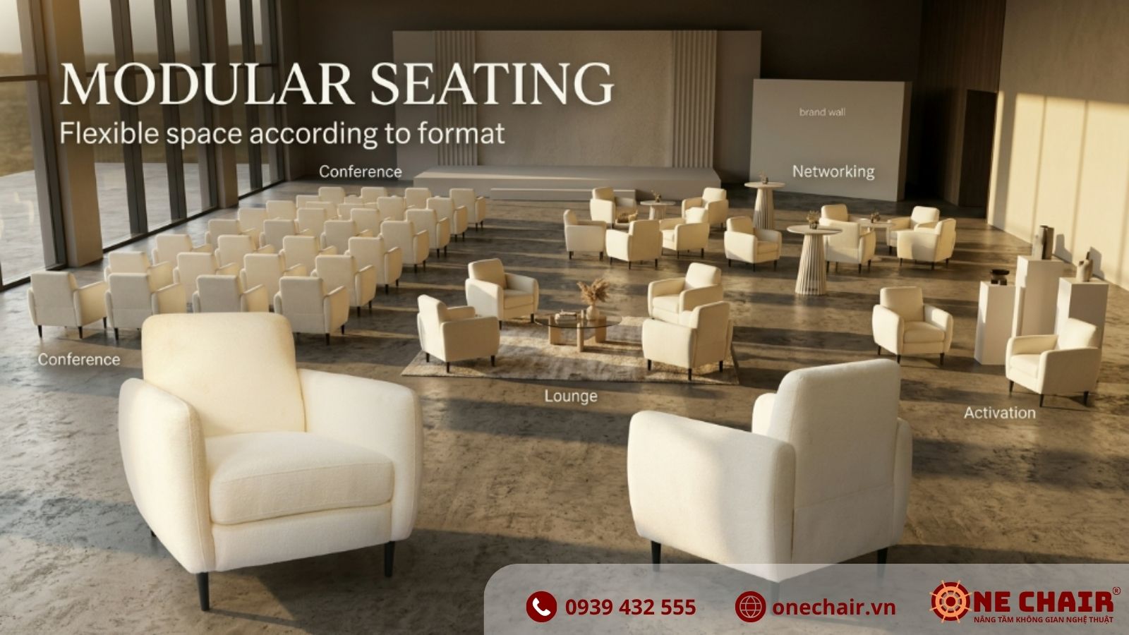 Ghế Boucle Đơn vải lông cừu trắng chân mạ đen ONE CHAIR ghép cụm 3 chiếc giữa không gian biophilic cây xanh tại sự kiện doanh nghiệp 2026