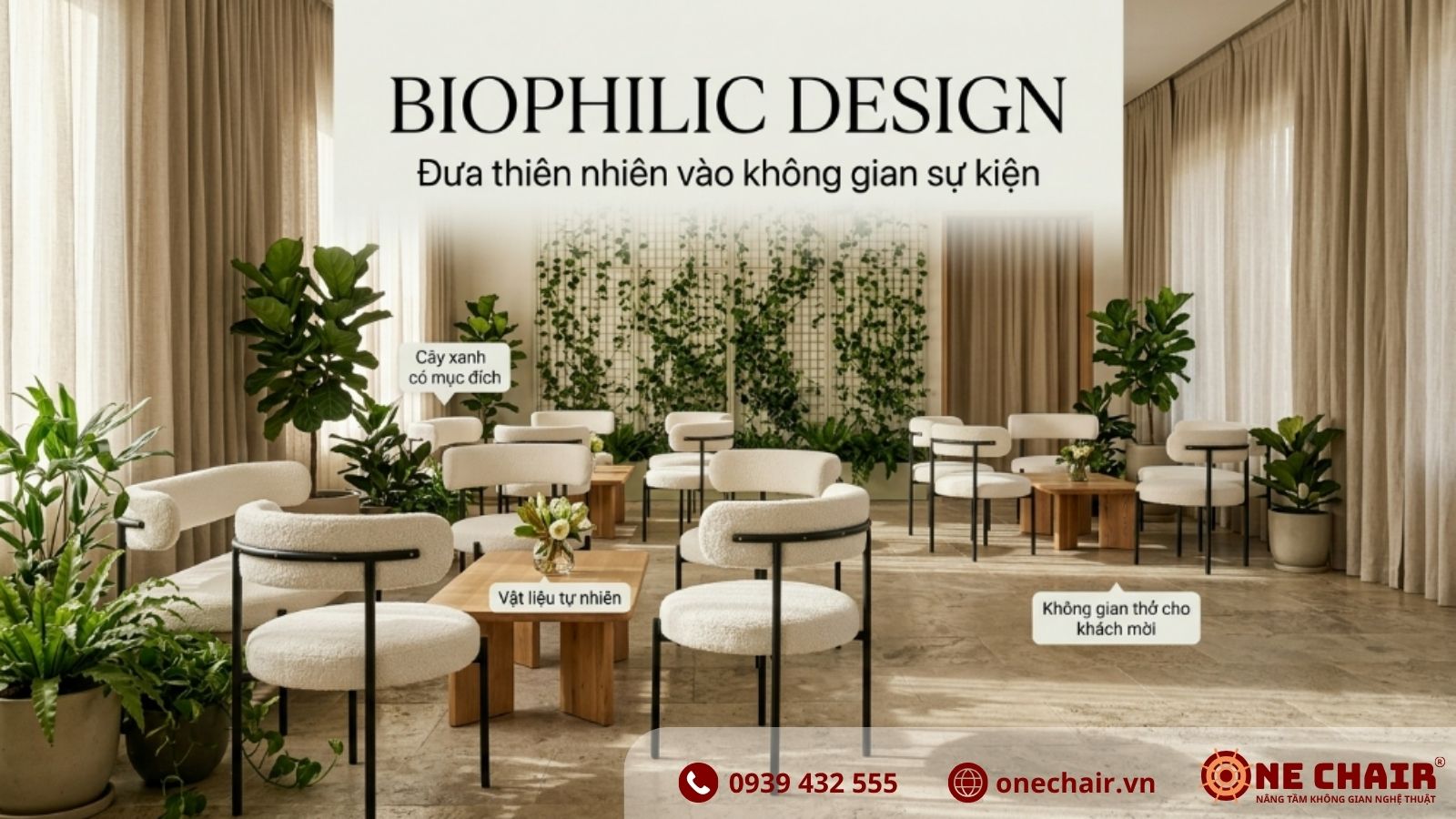 Hai chiếc Sofa Lounge Đôi vải lông cừu trắng ONE CHAIR đặt đối nhau quanh bàn trà thấp tạo ô networking sang trọng trong sự kiện doanh nghiệp 2026