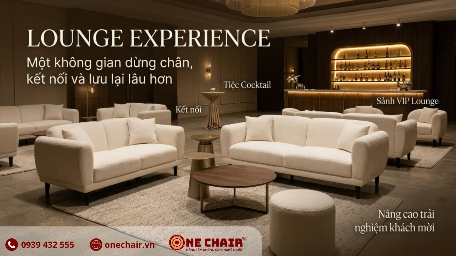 Ba sản phẩm đại diện xu hướng nội thất sự kiện 2026 của ONE CHAIR: Armchair VIP, Ghế Boucle và Sofa Lounge Đôi