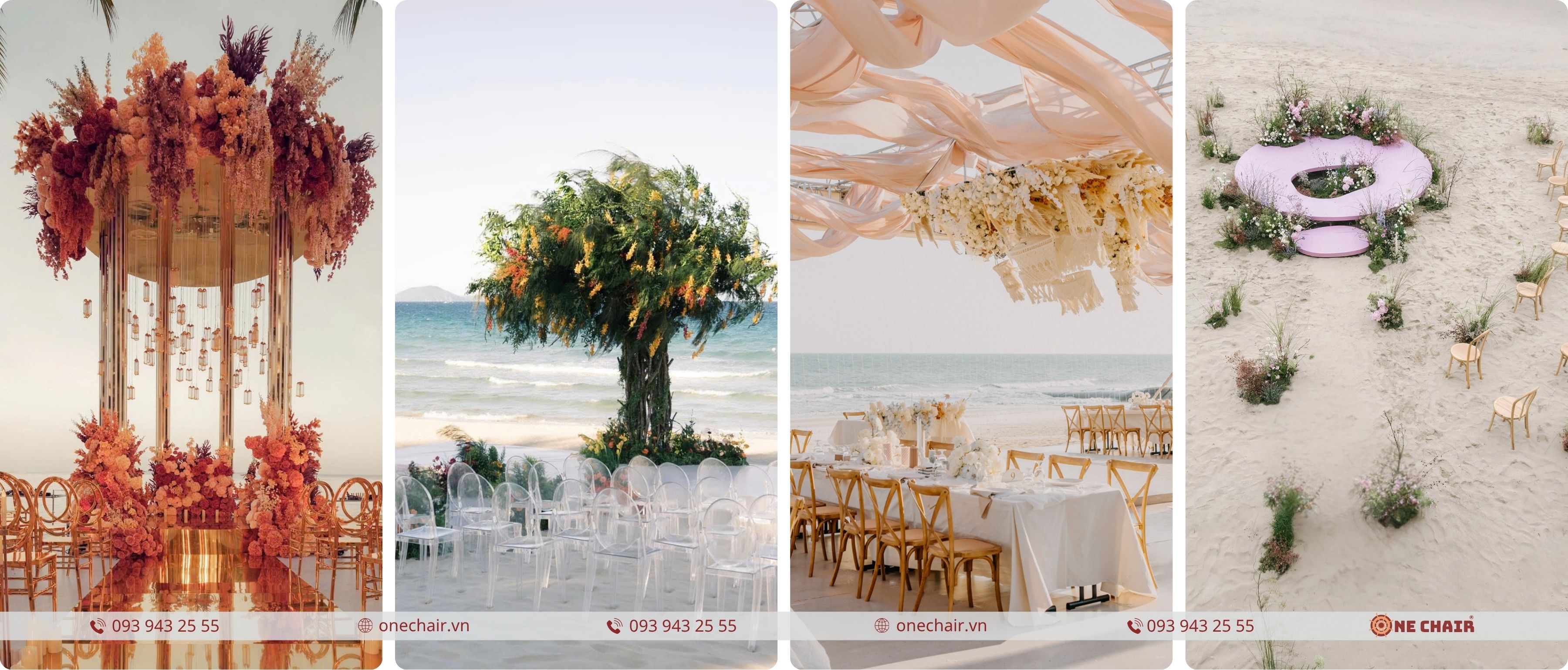 Tiệc cưới resort biển Việt Nam với ghế Ghost ngoài trời trên bãi cát hoàng hôn
