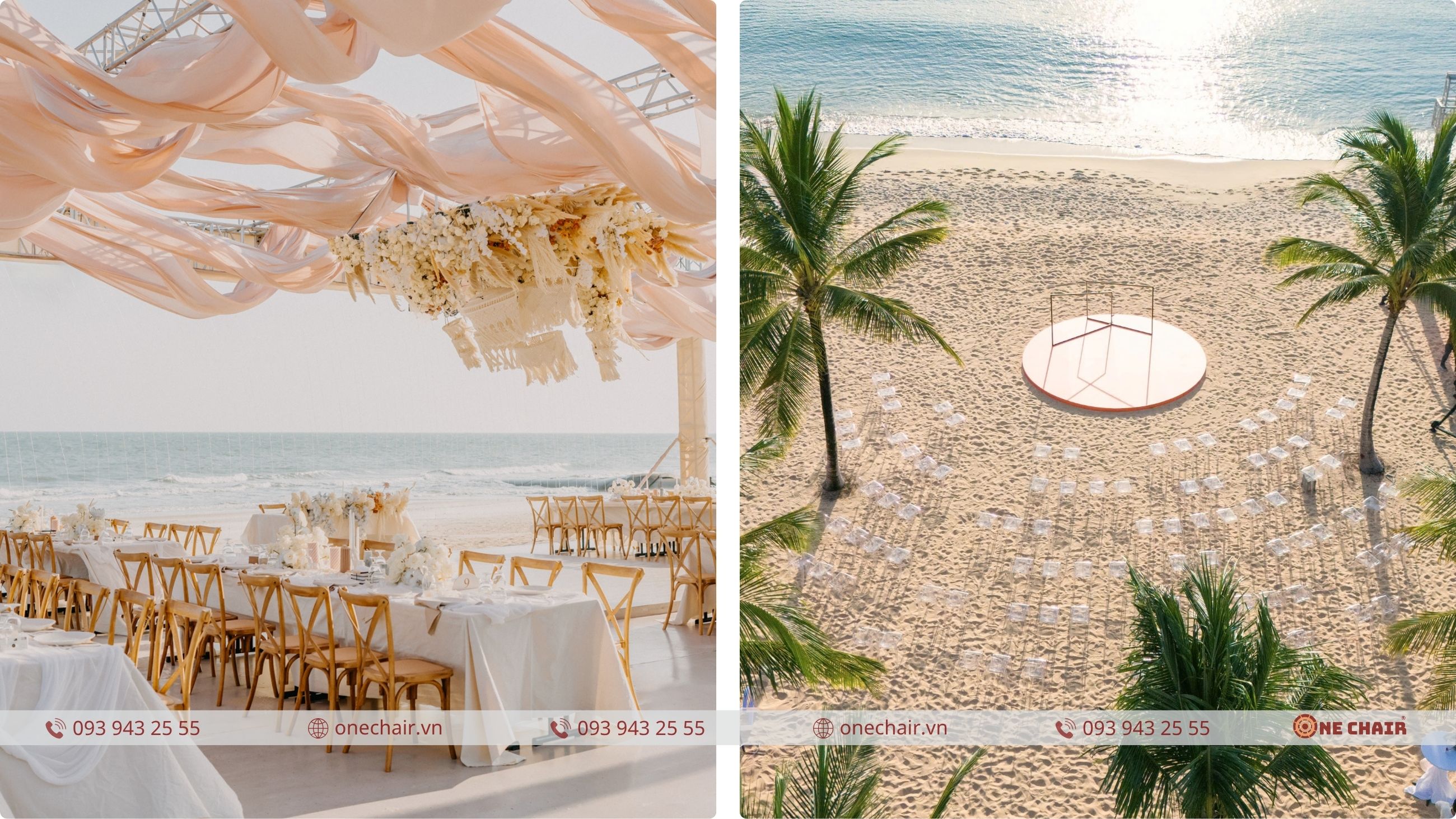 Tiệc cưới sân vườn nhiệt đới tại Mia Resort Nha Trang với ghế Crossback gỗ ONE CHAIR
