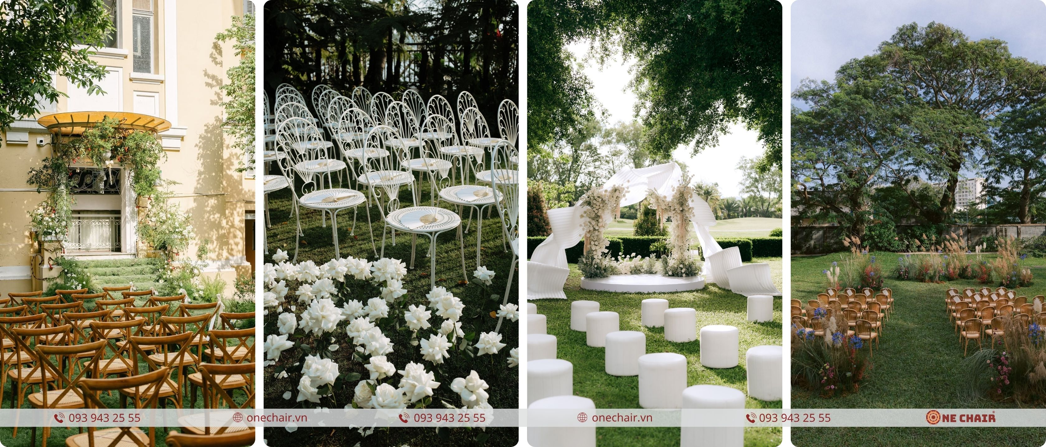 Hàng ghế lễ cưới ngoài trời Ghost Chair xếp hai bên lối đi lễ tại sân vườn Việt Nam