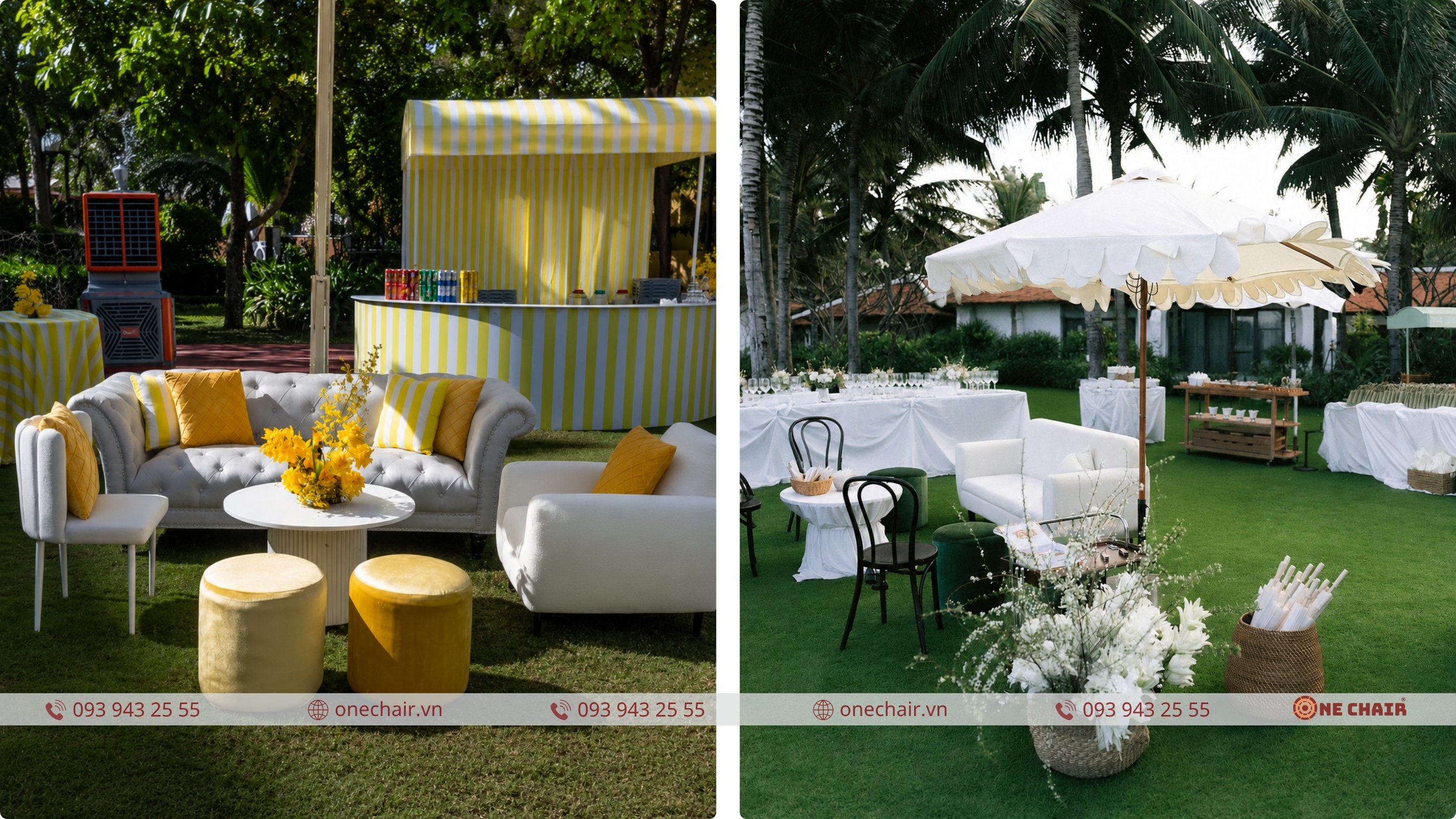 Khu lounge cocktail tiệc cưới bãi biển Phú Quốc với sofa cong và bàn cocktail ONE CHAIR