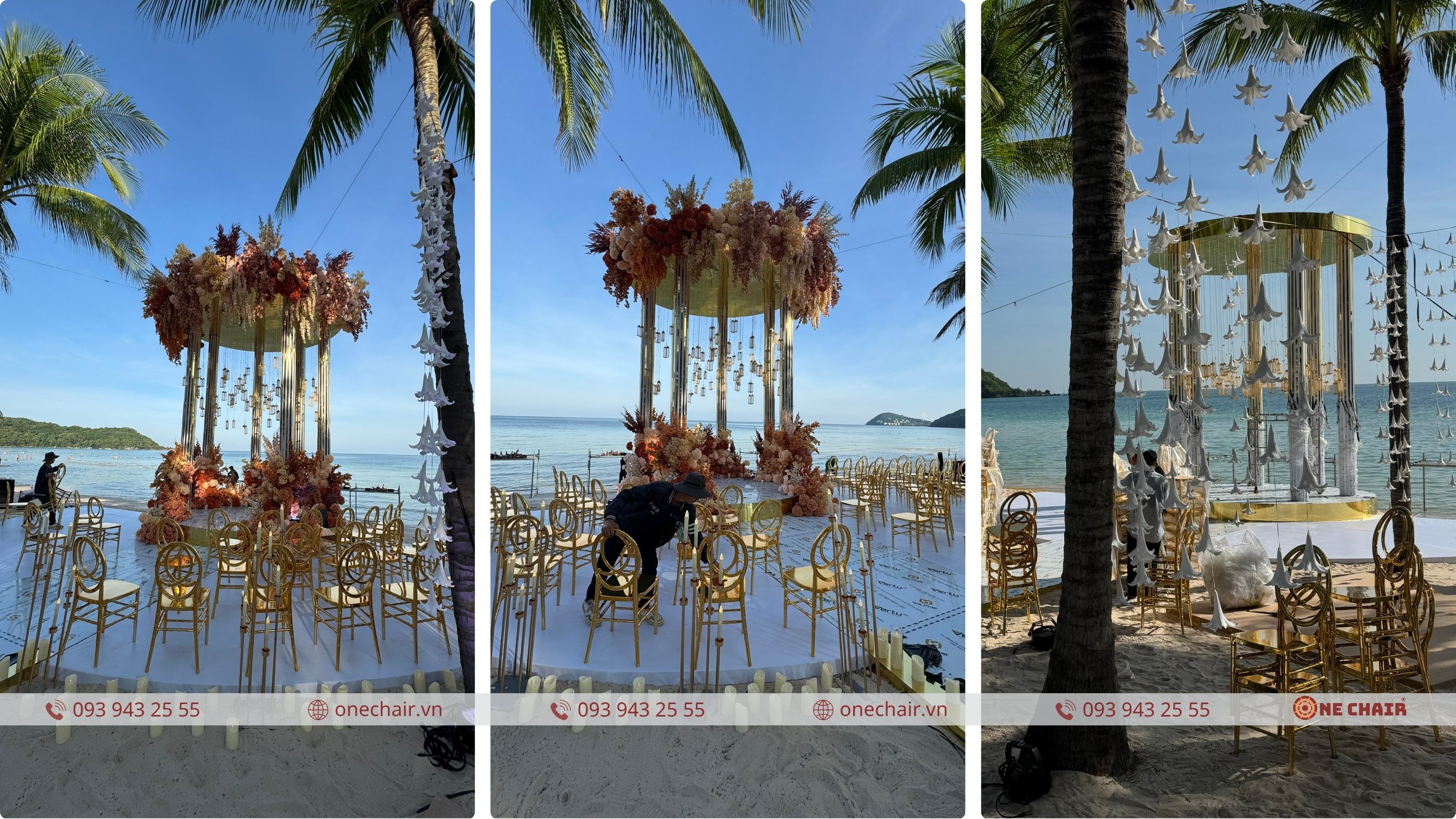 Lối đi lễ cưới ngoài trời bãi biển Phú Quốc với ghế Chiavari Tiffany trắng hai bên