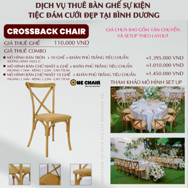 Hình 31: Báo giá cho thuê bàn ghế Croosback sự kiện tiệc đám cưới | Vân gỗ sáng