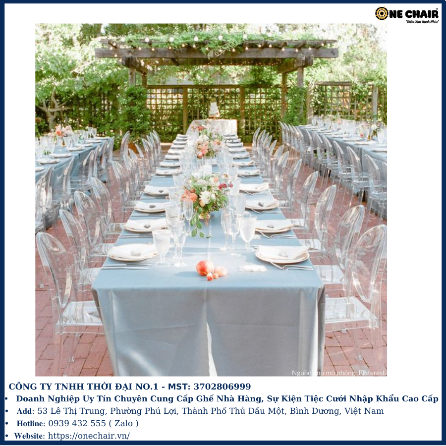 Hình 6: Cho thuê ghế ghost pha lê trong suốt sự kiện tiệc cưới sân vườn cao cấp tại hồ Bình An, Bình Dương.