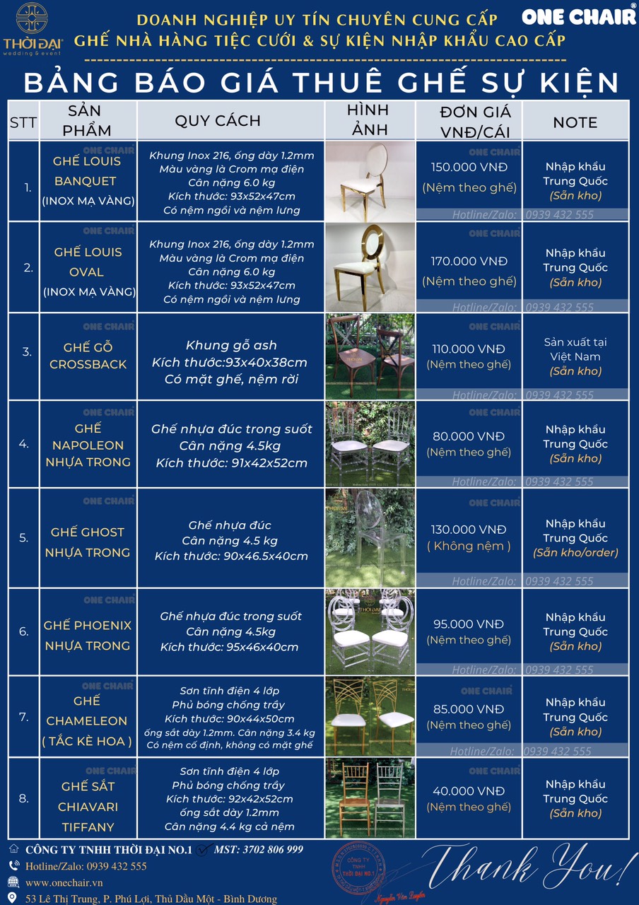 Hình 9: Bảng giá cho thuê ghế sự kiện tiệc cưới sân vườn nhanh tại Hotel Nikko Saigon Garden ở ONE CHAIR.