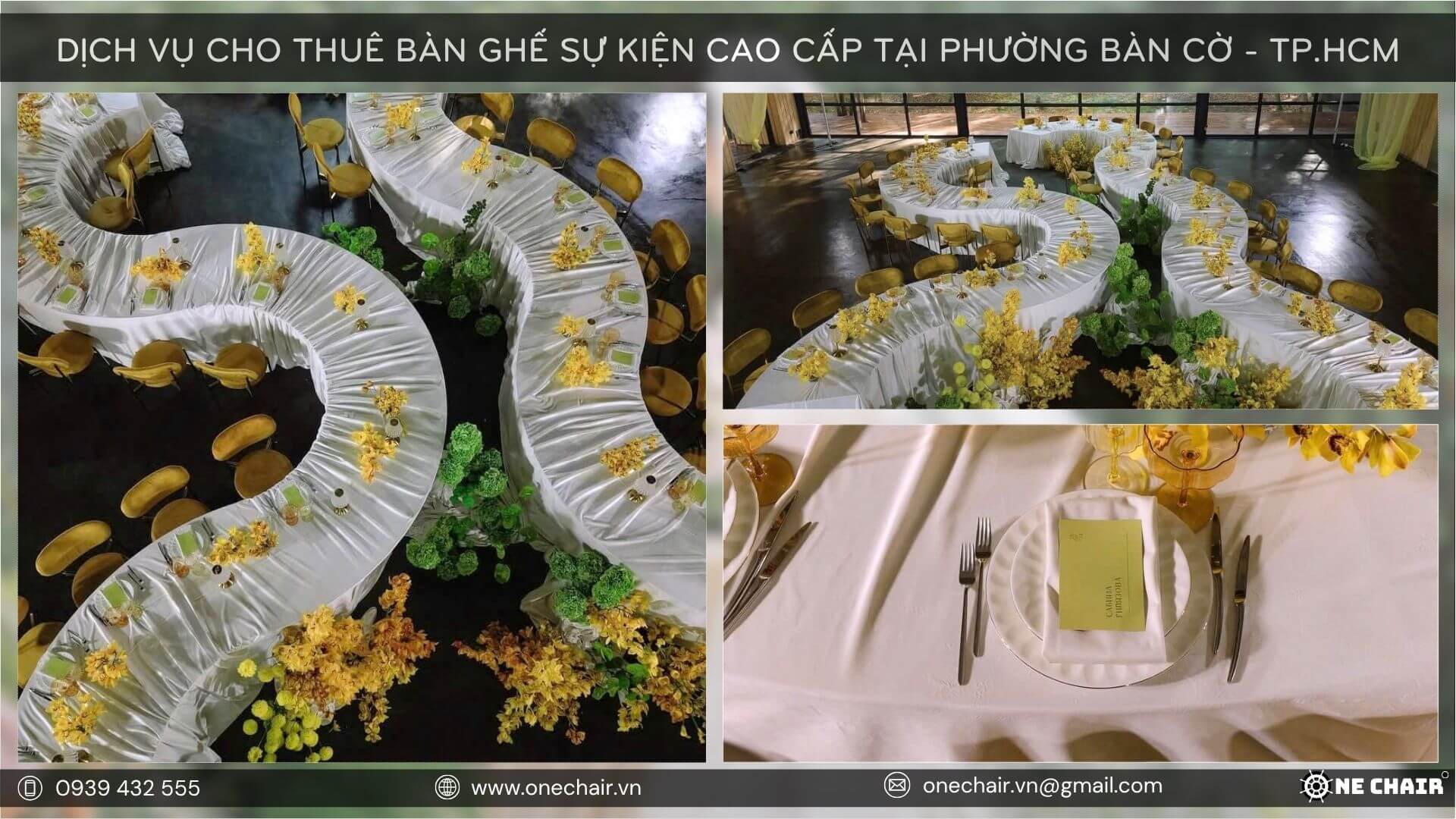 Bố cục bàn ghế sự kiện phi đối xứng đầy ngẫu hứng.