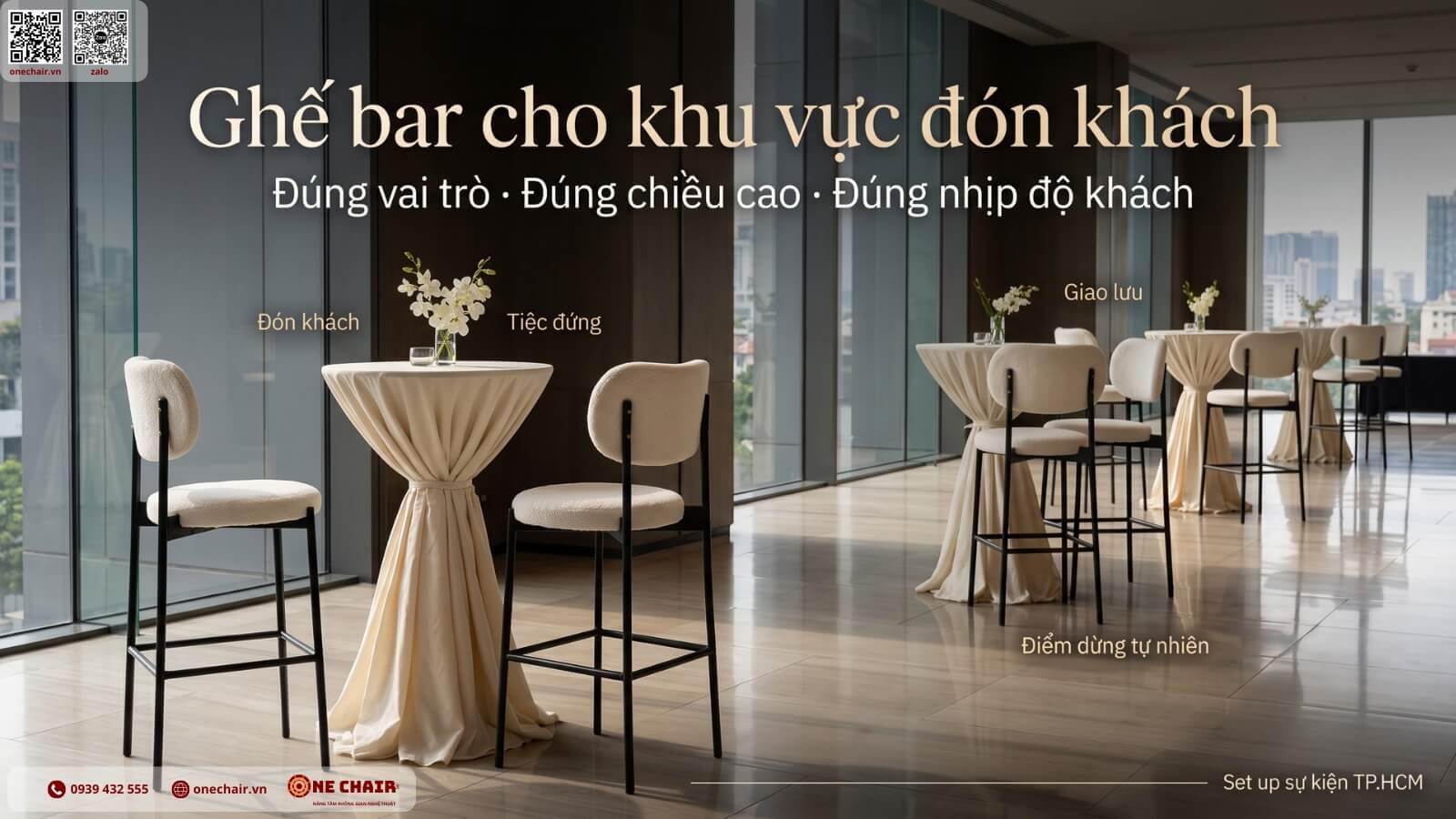 Khu welcome su kien tai TP.HCM bo tri ghe bar cao quanh ban cocktail