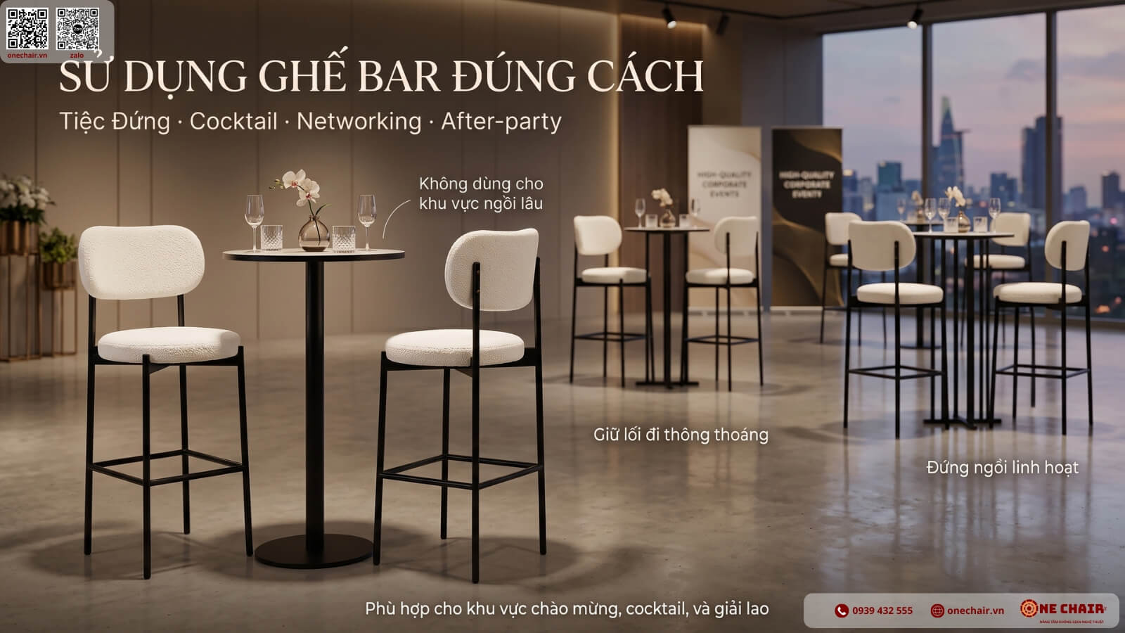 Khu cocktail tiec dung su kien doanh nghiep voi ghe bar va ban bar cao