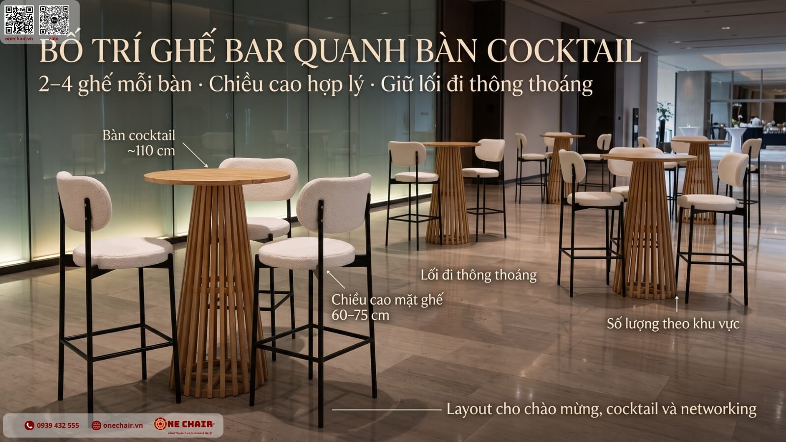 So do phoi ghe bar quanh ban cocktail giu loi di thong su kien